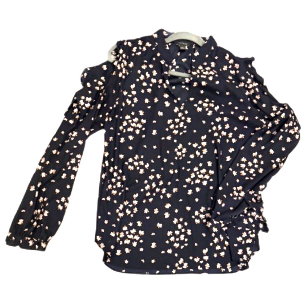 Ann Taylor Floral Blouse Size S Ruffle Sleeve Navy Work Top